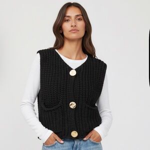 Chunky Knit Black Button Vest Sweater